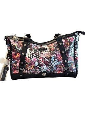 Ed Hardy Black Red Rhinestone Grunge Skull Tiger Rose Phoenix Tote Satchel